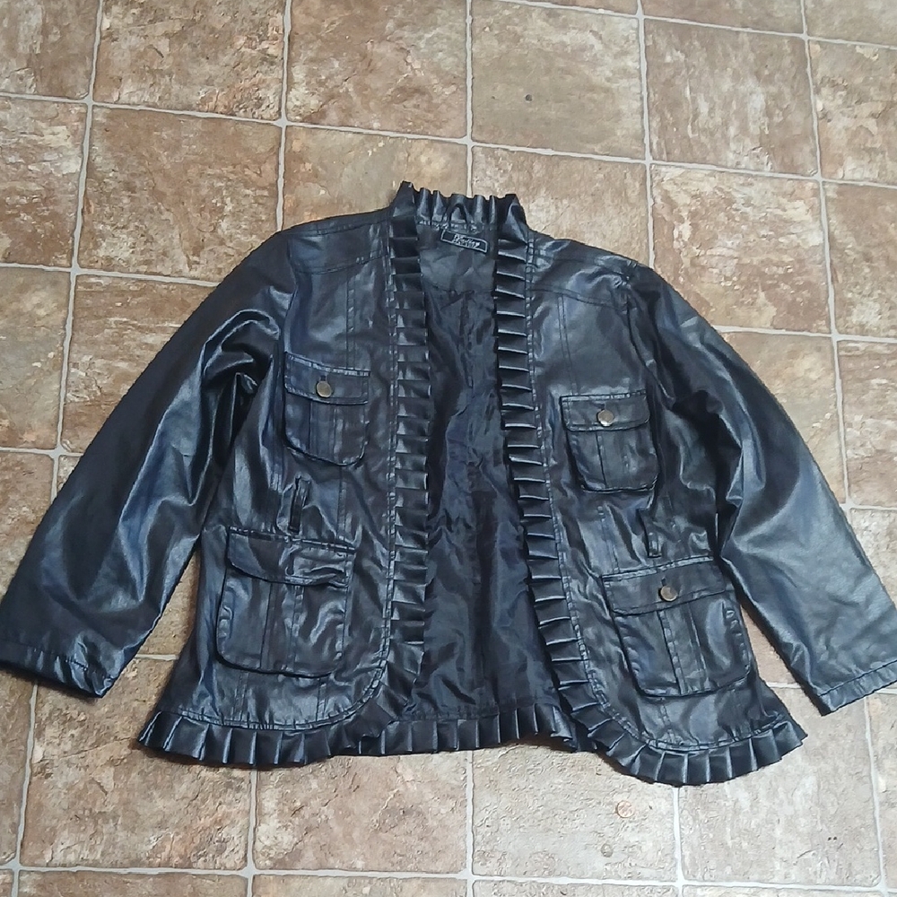 EUC Destiny Black Ruffle Trim Faux Leather Jacket Size 2X